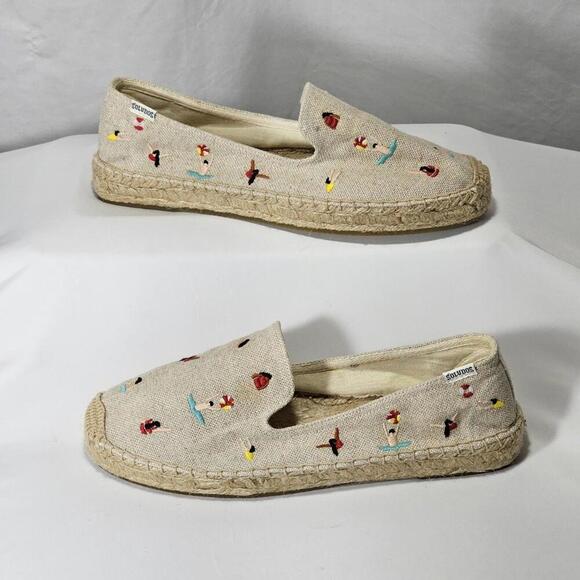 Soludos Embroidered Swimmers Ibiza Mules Tan Flat Canvas Slip On Womens Size 9.5 - Picture 1 of 11